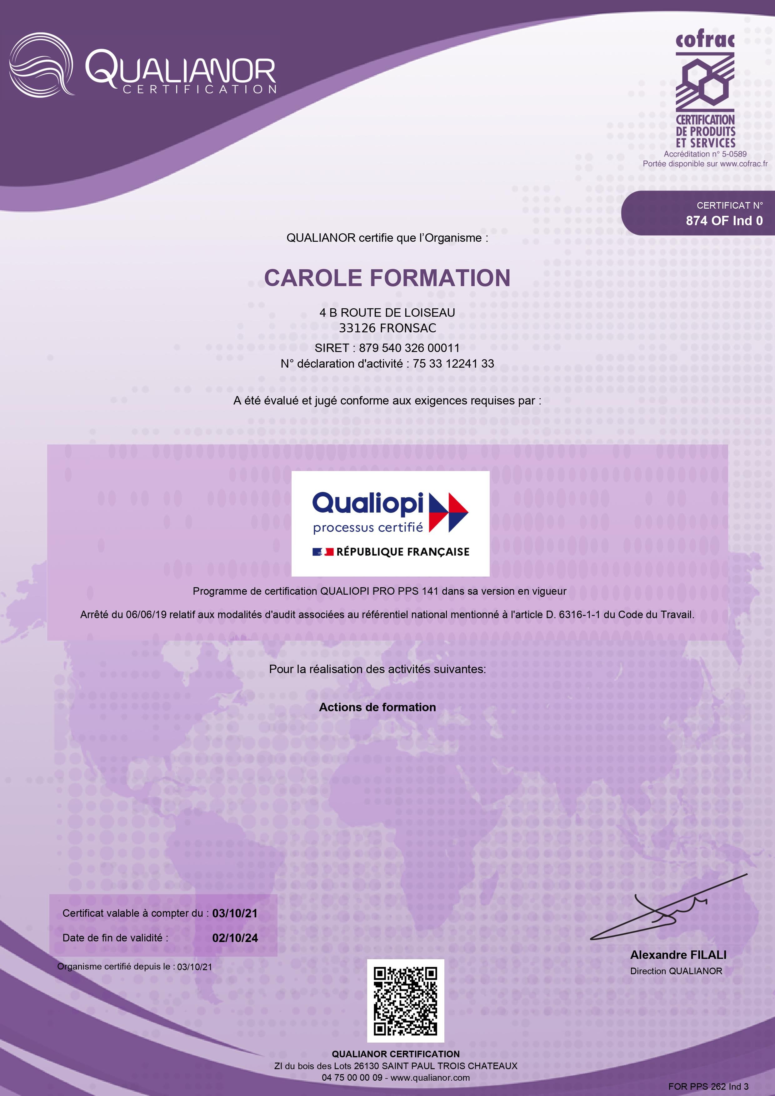 Certificat 874 of s1 05 07 2023 jusqu au 02 10 2024